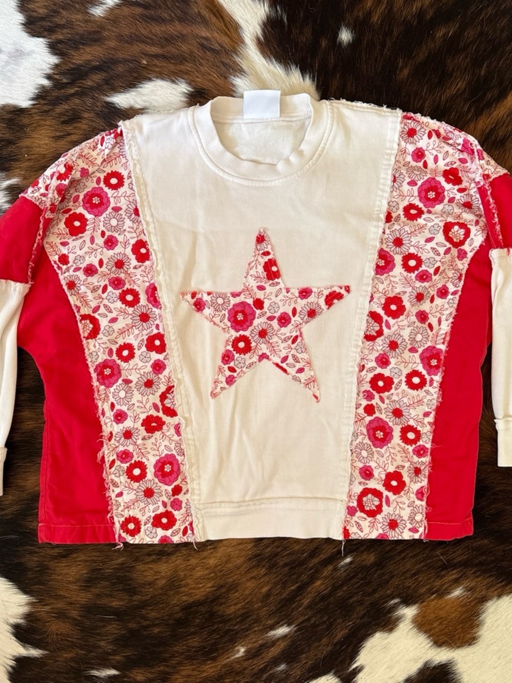 Free People Red & White Floral Star Patchwork Sweatshirt